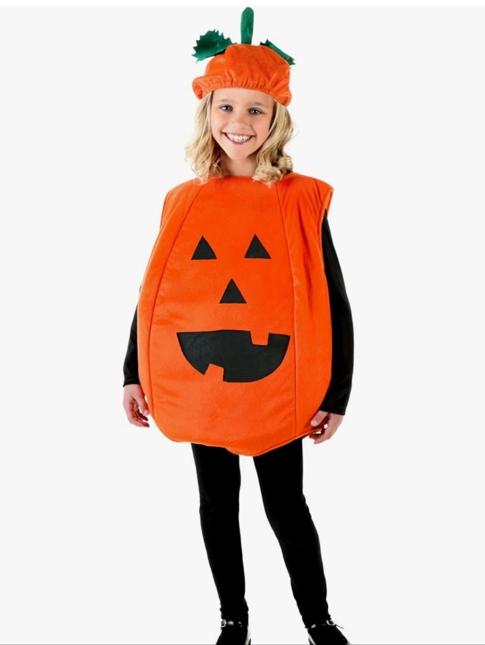 Pumpkin Jack O' Lantern Costume for Kids Orange Plush Tunic with Leafed Hat